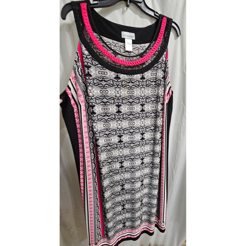 Catherines Womens 2X Black‎ Pink Geometric Print Sleeveless Knit Sheath Dress
